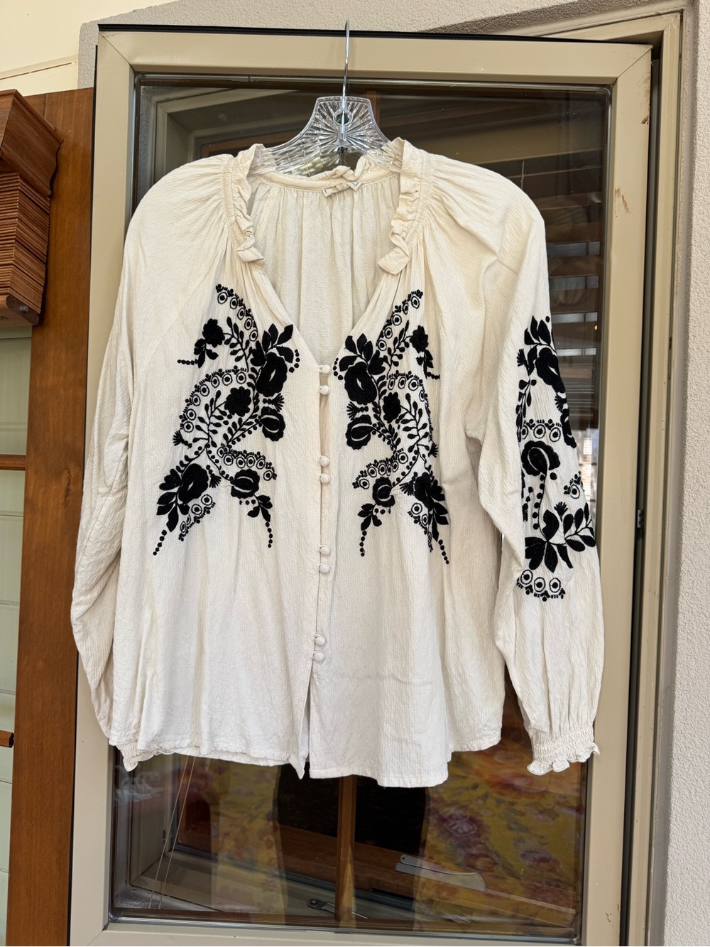Fat Face Cream Blouse with Black Floral Embroidery